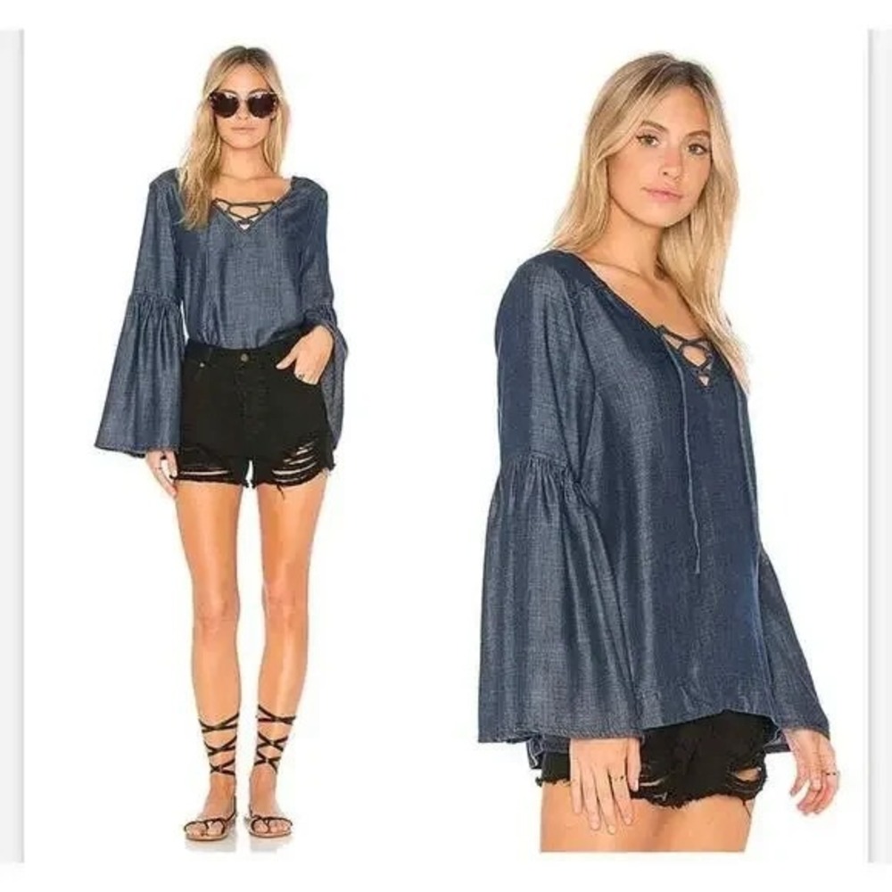 Anthropologie Sanctuary Lila Chambray Lace Up Bell Sleeve Tunic Oversized XS Y2K